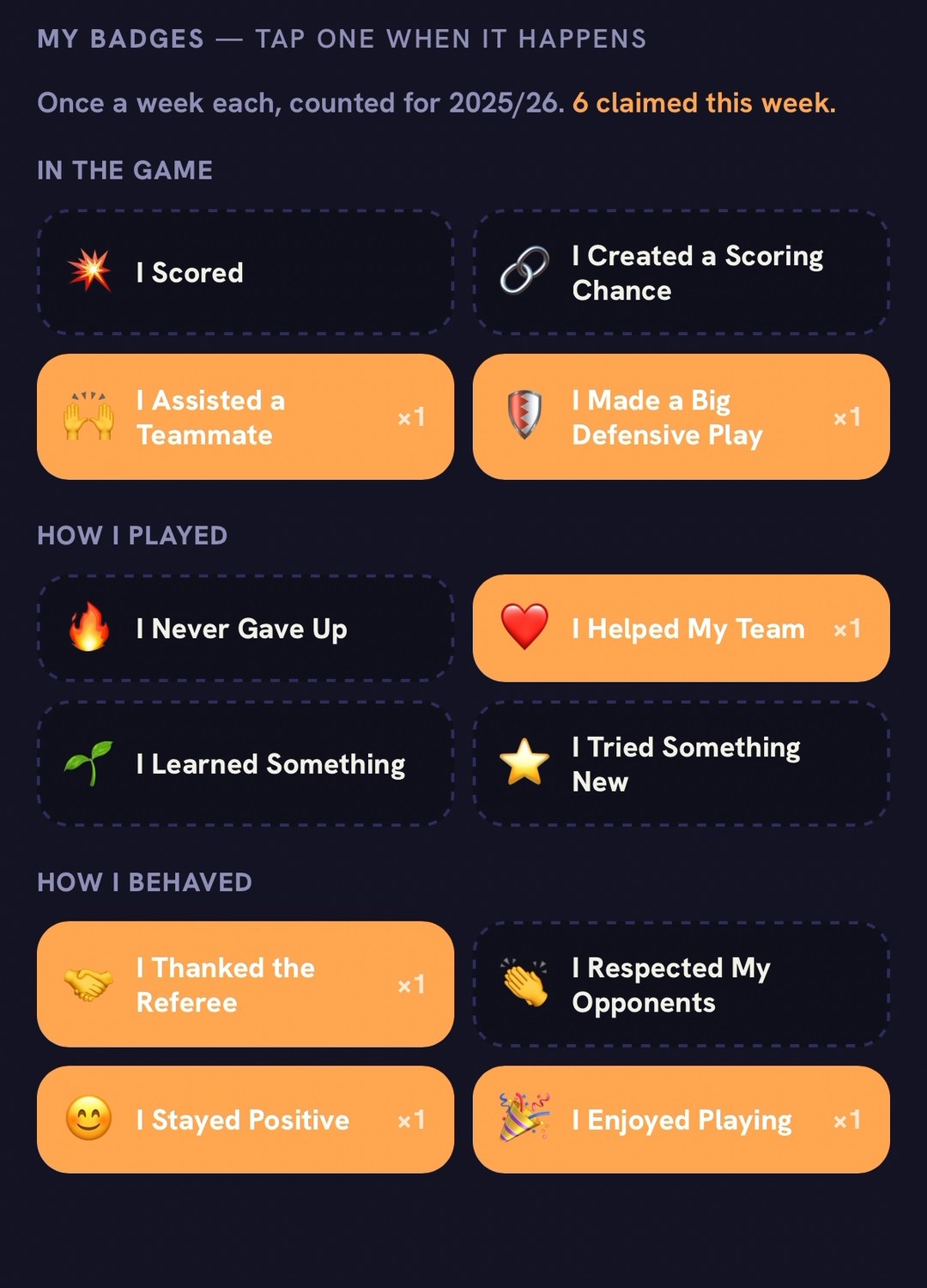 A child's badges: in the game, how I played, how I behaved — several claimed with counts.